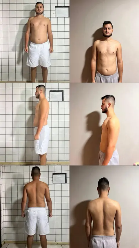 Antes e depois de aluno com treino para emagrecimento: redução visível da barriga nas vistas de frente, perfil e costas