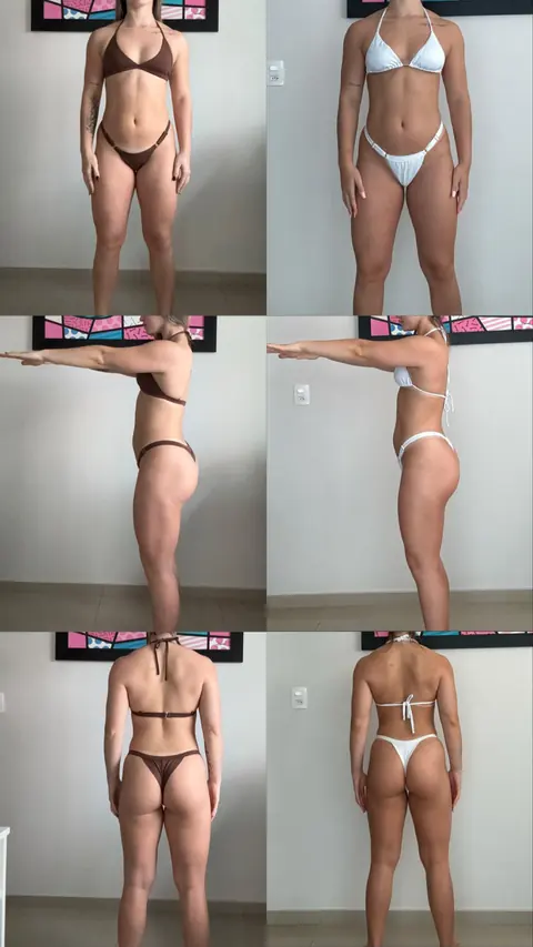 Resultado de treinamento feminino: abdômen e costas mais definidos entre a primeira e a segunda foto