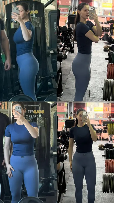 Resultado de treino de musculação: aluna com cintura mais fina em fotos de frente e de perfil na academia